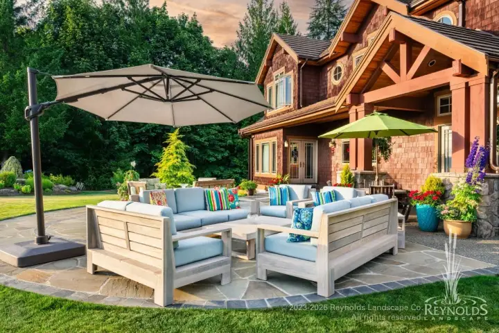White wood outdoor sectional sofa and lounge chairs with gray cushions under a large patio umbrella on manicured lawn adjacent to timber frame home