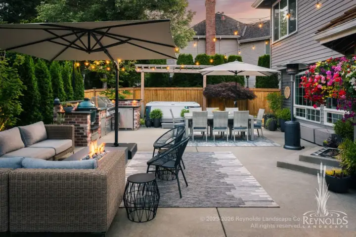 Large patio with multiple rooms.