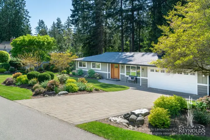 Front yard with curved paver driveway apron, manicured lawn, mixed shrub borders, and mature evergreen backdrop framing a teal ranch home