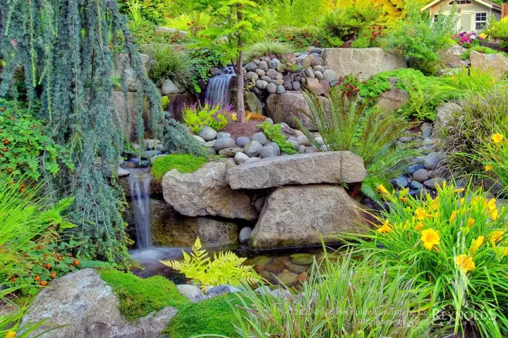 Multi-level waterfall and stream leading to a pond with massive boulders, river rock, and lush perennial garden plantings