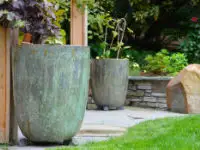 Tall, glazed ceramic planters.