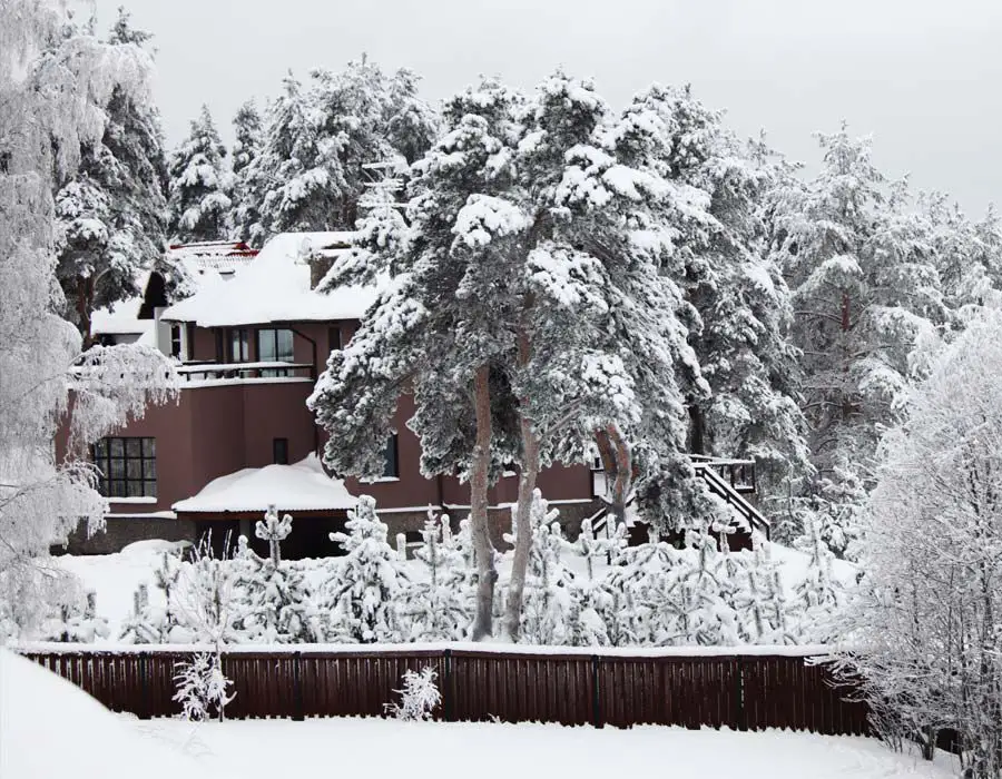 man mows fallen leaves