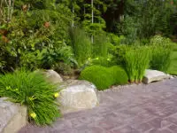 Large garden rocks inset in patio.