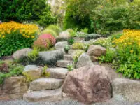 Huge rocks and stone stairway.