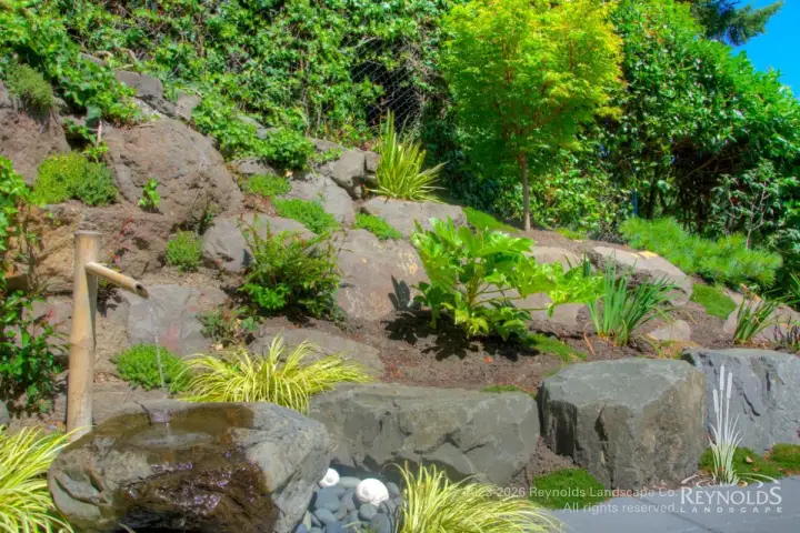 Stacked boulder retaining wall with terraced hillside planting beds, low-growing shrubs, and ornamental ground cover with mature trees above