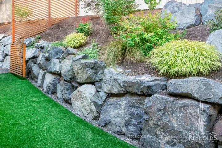 Large natural boulder retaining wall with ornamental shrubs and manicured lawn alongside wood fence
